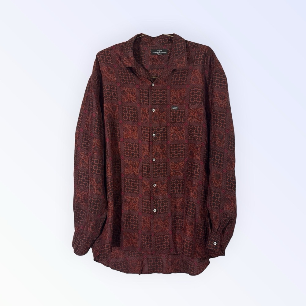 Vintage Georges Marciano Guess 100% Silk Red  Pattern Button Up Shirt Size XL‎